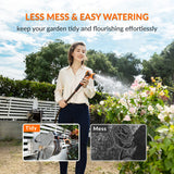 Woman watering flowers with a garden hose, emphasizing 'less mess & easy watering' in a garden setting.