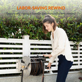 Woman using a labor-saving rewind device with text overlay