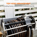 Hose reel with tidy hose arrangement and text about G-Guiding System
