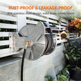 Rust-proof and leakage-proof hose reel with 304 stainless steel design and solid brass connections, mounted on a wall.