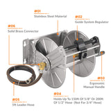 Metal hose reel with features highlighted on a white background