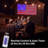 Family gathered around a large LED American flag display with a remote control and timer text overlay.