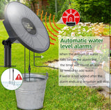 Automatic water level alarm system with a bucket on grass, showing how it works.