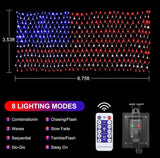 LED mesh light display with dimensions, lighting modes, and remote control on a black background
