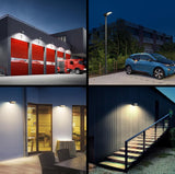 Four different outdoor scenes with lighting fixtures: fire station, street, restaurant, and staircase.