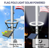 Solar-powered flag pole light with day and night functionality, featuring an American flag.