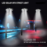 LED Solar UFO Street Light illuminating a street at night with text detailing specifications.