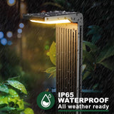 Solar-powered outdoor light fixture in a rainstorm with 'IP65 Waterproof' label.