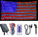 LED American flag light set with solar panel, remote control, and accessories on a white background.