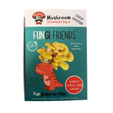 Mushroom growing kit packaging with 'Fungi Friends' and 'Fungisaurus Rex' on a white background