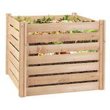Wooden compost bin with food waste on a white background