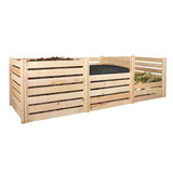 Wooden compost bin with compartments on a white background