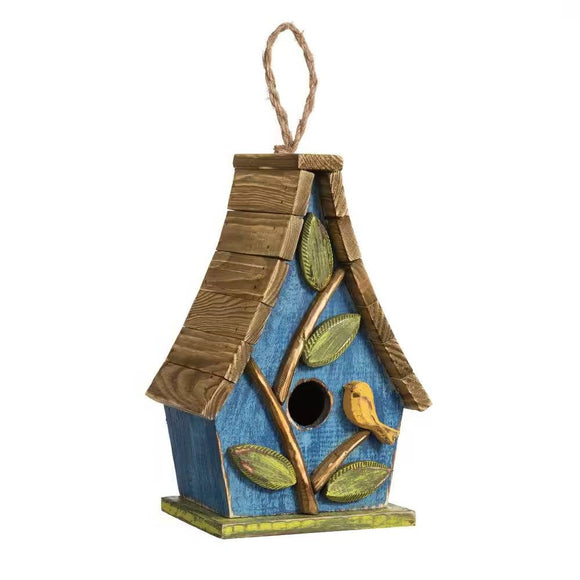 Farmhouse Solid Wood Hanging Birdhouse in Blue Green Yellow Brown - FREE SHIPPING