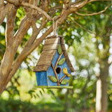 Farmhouse Solid Wood Hanging Birdhouse in Blue Green Yellow Brown - FREE SHIPPING