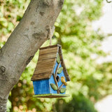 Farmhouse Solid Wood Hanging Birdhouse in Blue Green Yellow Brown - FREE SHIPPING