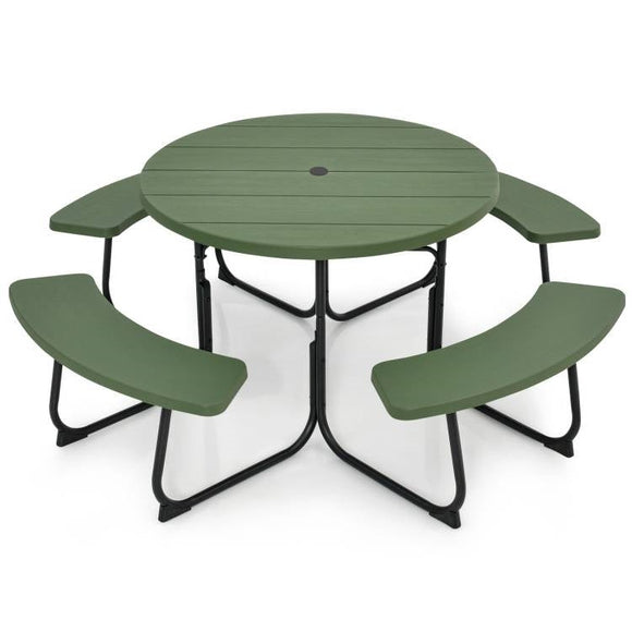 Green All Weather 8 Seater Picnic Table Umbrella Hole - FREE SHIPPING