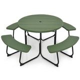 Green round picnic table with benches on a white background