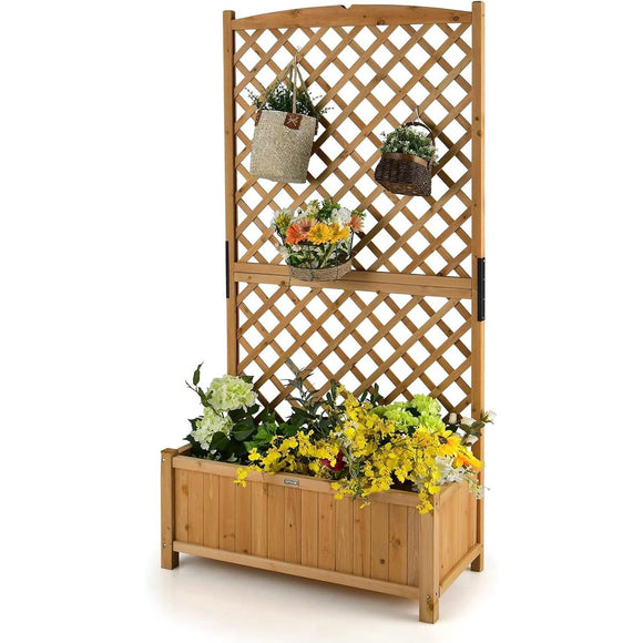 Outdoor Fir Wood Raised Garden Bed Planter Box with 71-inch High Trellis - FREE SHIPPING