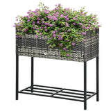 Wicker planter box with purple flowers on a white background