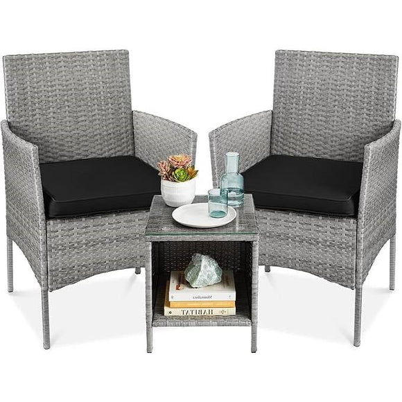 3-Piece Grey PE Wicker Outdoor Patio Furniture Dining Set with Black Cushions - FREE SHIPPING