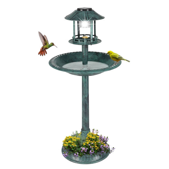 Outdoor Garden Birdbath in Green Copper Patina Finish with Solar Light - FREE SHIPPING