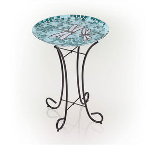 Teal Green Blue White Mosaic Glass Birdbath Bowl with Black Metal Stand - FREE SHIPPING