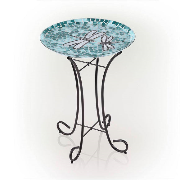 Teal Green Blue White Mosaic Glass Birdbath Bowl with Black Metal Stand - FREE SHIPPING
