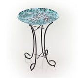 Teal Green Blue White Mosaic Glass Birdbath Bowl with Black Metal Stand - FREE SHIPPING