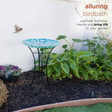 Teal Green Blue White Mosaic Glass Birdbath Bowl with Black Metal Stand - FREE SHIPPING