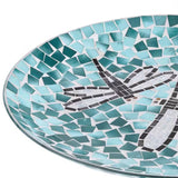 Teal Green Blue White Mosaic Glass Birdbath Bowl with Black Metal Stand - FREE SHIPPING