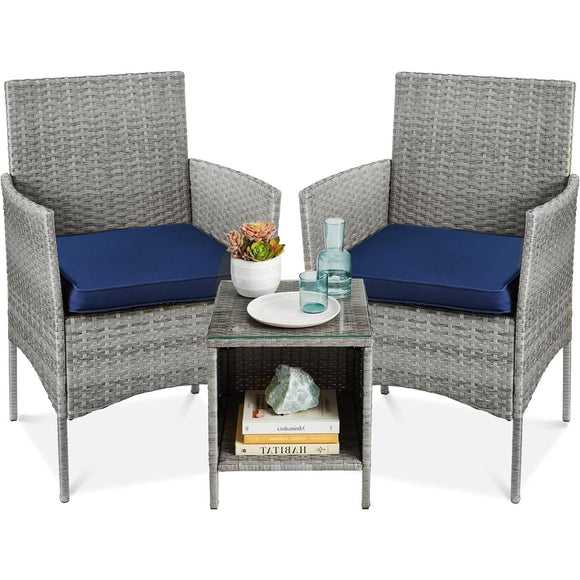 3-Piece Grey PE Wicker Outdoor Patio Furniture Dining Set w/ Navy Blue Cushions - FREE SHIPPING