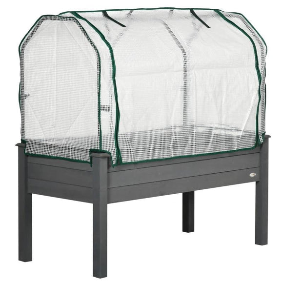 Grey Wood Elevated Raised Garden Bed Planter with Greenhouse Cover - FREE SHIPPING