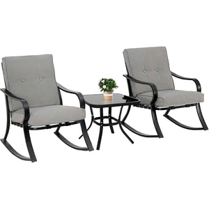 Outdoor 3-Piece Patio Furniture Table Rocking Chairs Set with Grey Cushions - FREE SHIPPING