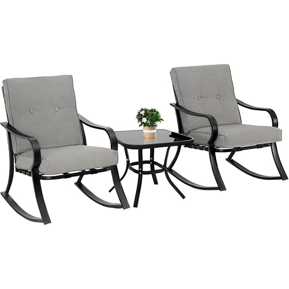 Outdoor 3-Piece Patio Furniture Table Rocking Chairs Set with Grey Cushions - FREE SHIPPING