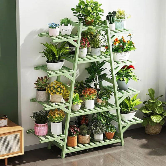 Indoor Outdoor 12-Shelf Green Wood Triangular Flower Pot Plant Stand - FREE SHIPPING