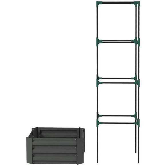 Grey Galvanized Open Bottom Raised Garden Bed Planter with Tomato Cage Trellis - FREE SHIPPING