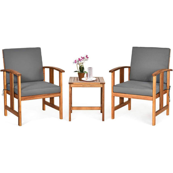 3-Piece Solid Wood Outdoor Patio Furniture Chairs Table Set with Grey Cushions - FREE SHIPPING