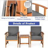 3-Piece Solid Wood Outdoor Patio Furniture Chairs Table Set with Grey Cushions - FREE SHIPPING