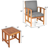 3-Piece Solid Wood Outdoor Patio Furniture Chairs Table Set with Grey Cushions - FREE SHIPPING