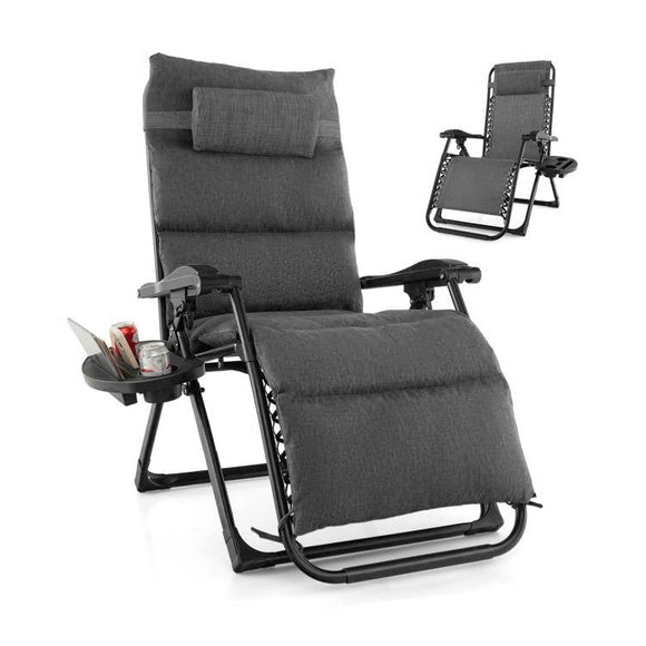 Grey Zero Gravity Adjustable Lounge Chair Removable Cushion Cup Holder Tray - FREE SHIPPING
