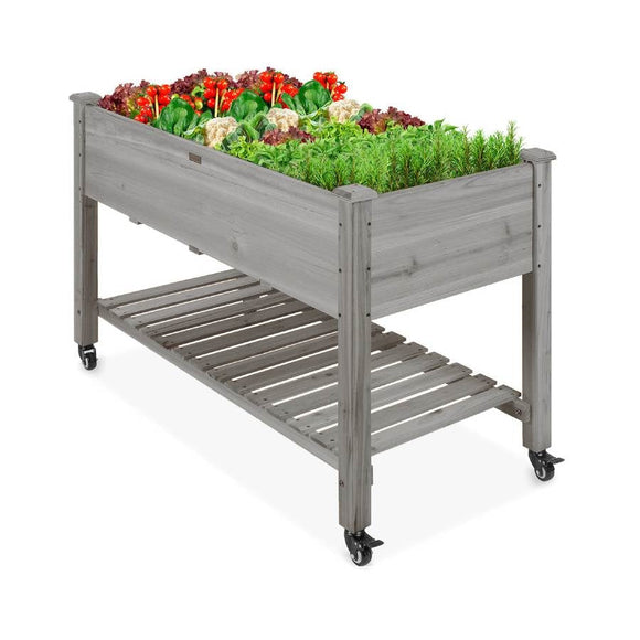 Outdoor Grey Wood Raised Garden Bed Planter Box with Shelf and Locking Wheels -FREE SHIPPING