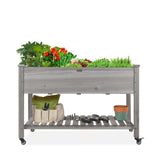 Outdoor Grey Wood Raised Garden Bed Planter Box with Shelf and Locking Wheels -FREE SHIPPING