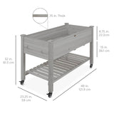 Outdoor Grey Wood Raised Garden Bed Planter Box with Shelf and Locking Wheels -FREE SHIPPING
