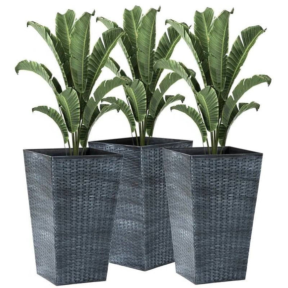 Set of 3 - Grey Faux Rattan Plastic Tall Large Flower Pots - FREE SHIPPING