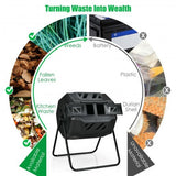 Black compost bin with materials for composting on a white background