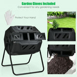Black compost bin with garden gloves and gardening activities on a light green background
