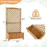 Wooden garden planter with lattice design, dimensions, and weight capacity displayed.