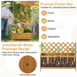 Wooden planter box with plants, man watering flowers, and text about its use for fruits, herbs, flowers, and vegetables.