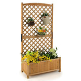 Wooden garden planter with lattice design and flowers on a white background