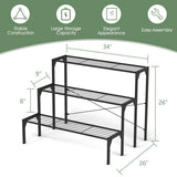 Black metal Outdoor 3 Tier Metal Plant Stand with Heavy Duty Rack for Multiple Use with dimensions and features on a white background